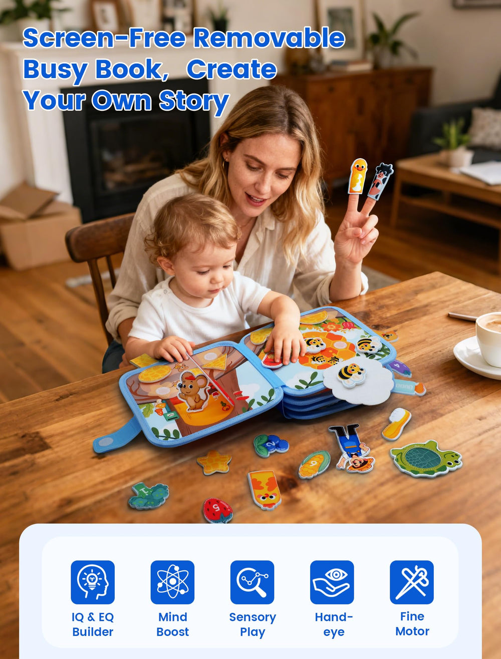 BizyKoady busy book interior pages with interactive activities for sensory play.