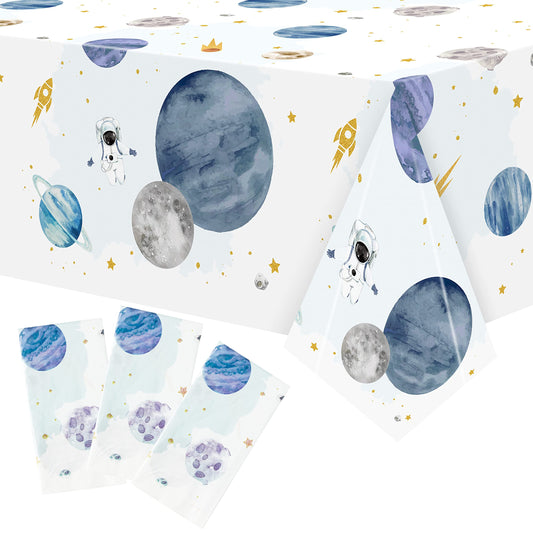 BkeeCten space tablecloth with astronauts protects surfaces during a first birthday