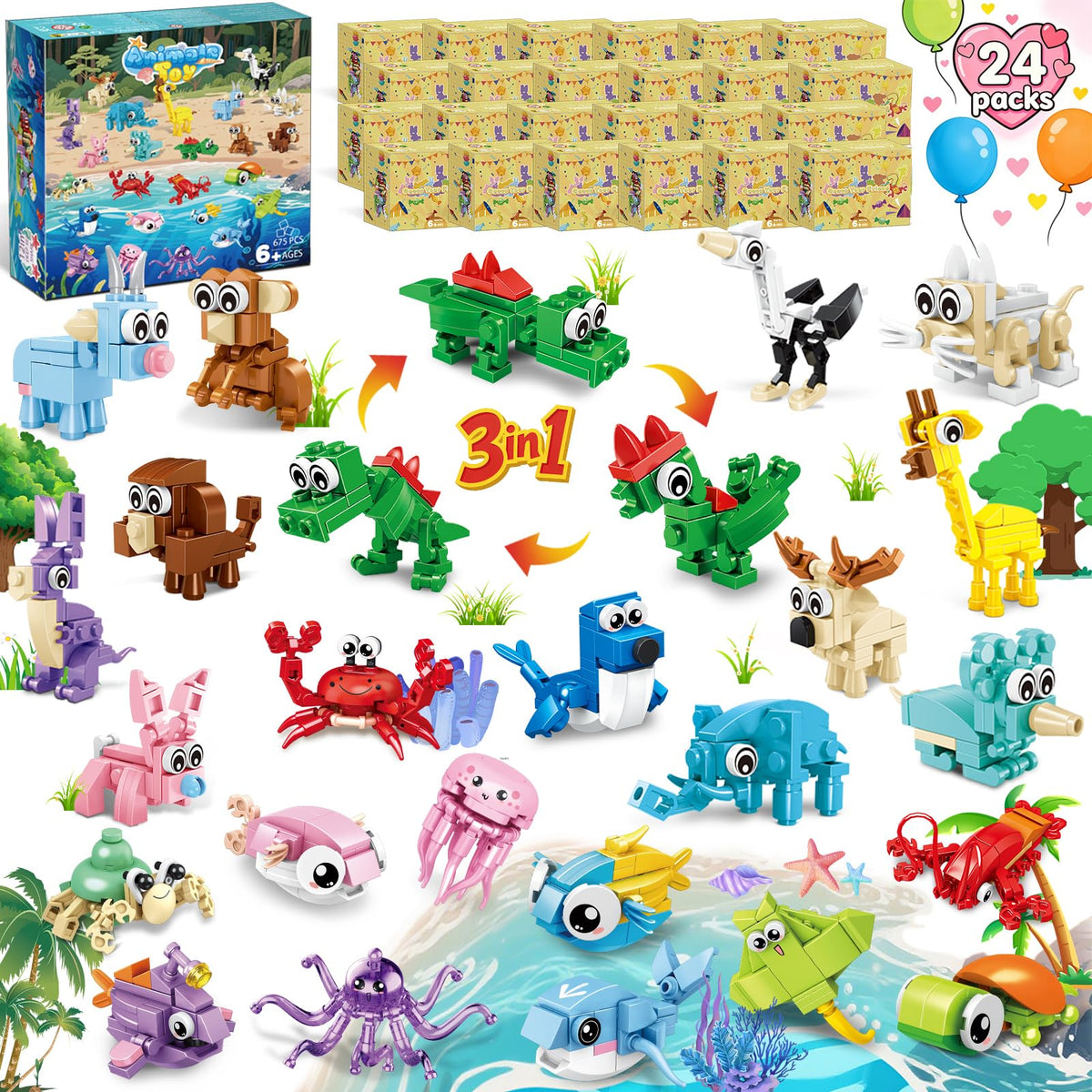 Bklved 24-pack mini animals building blocks for imaginative classroom play.