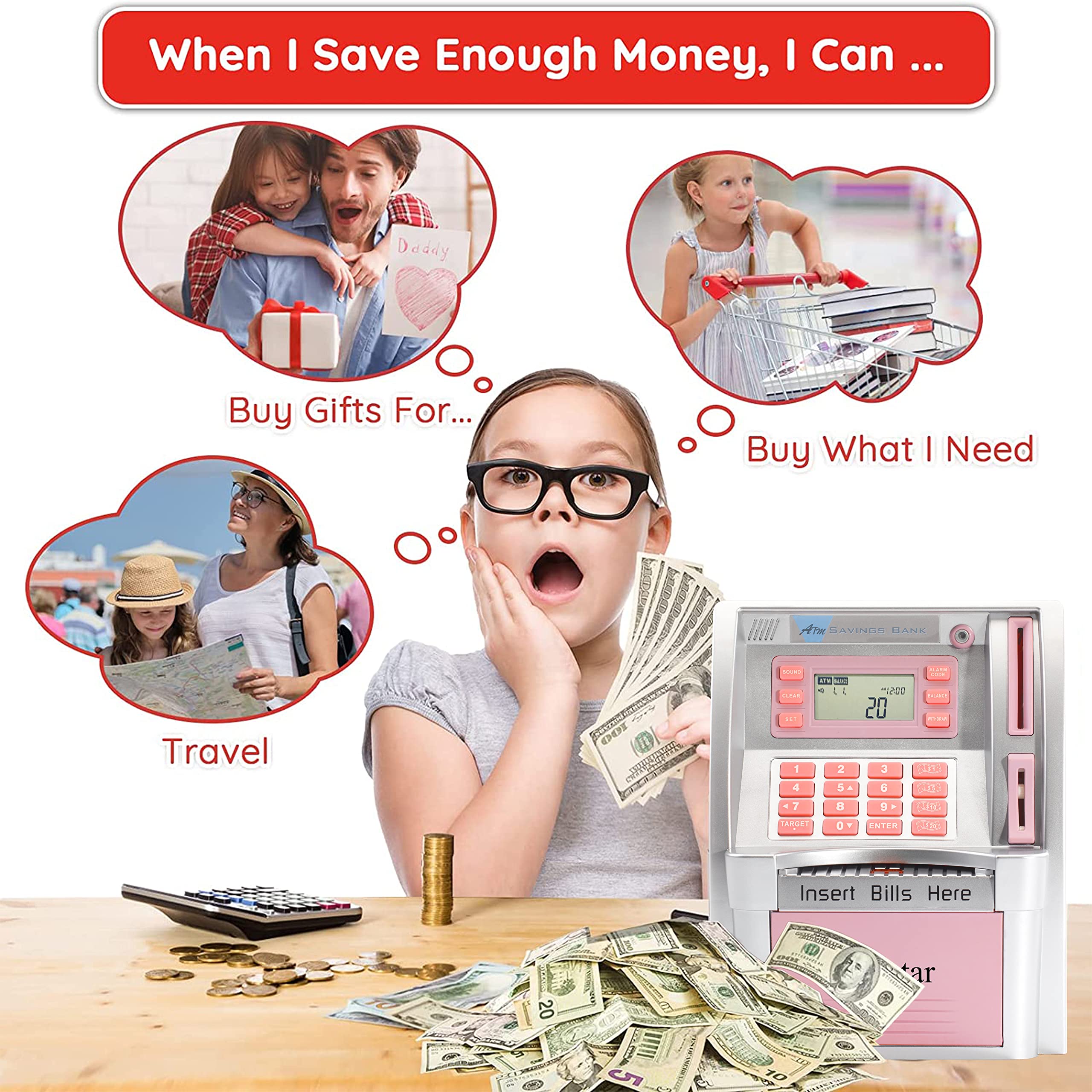 BKstar Kids Talking Pink ATM Piggy Bank balance display tracks progress