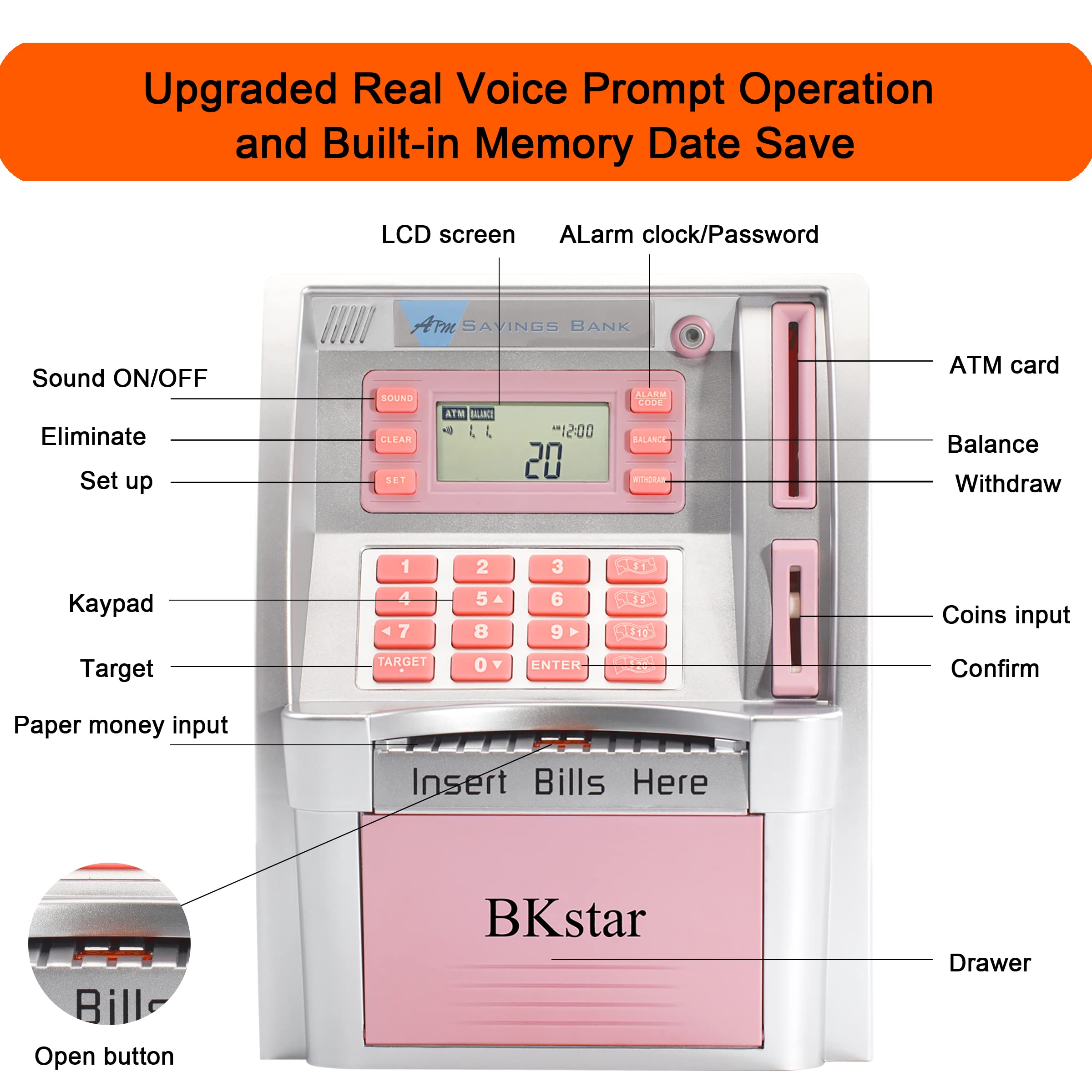 BKstar Kids Talking Pink ATM Piggy Bank coin deposits update balance