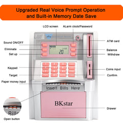 BKstar Kids Talking Pink ATM Piggy Bank coin deposits update balance