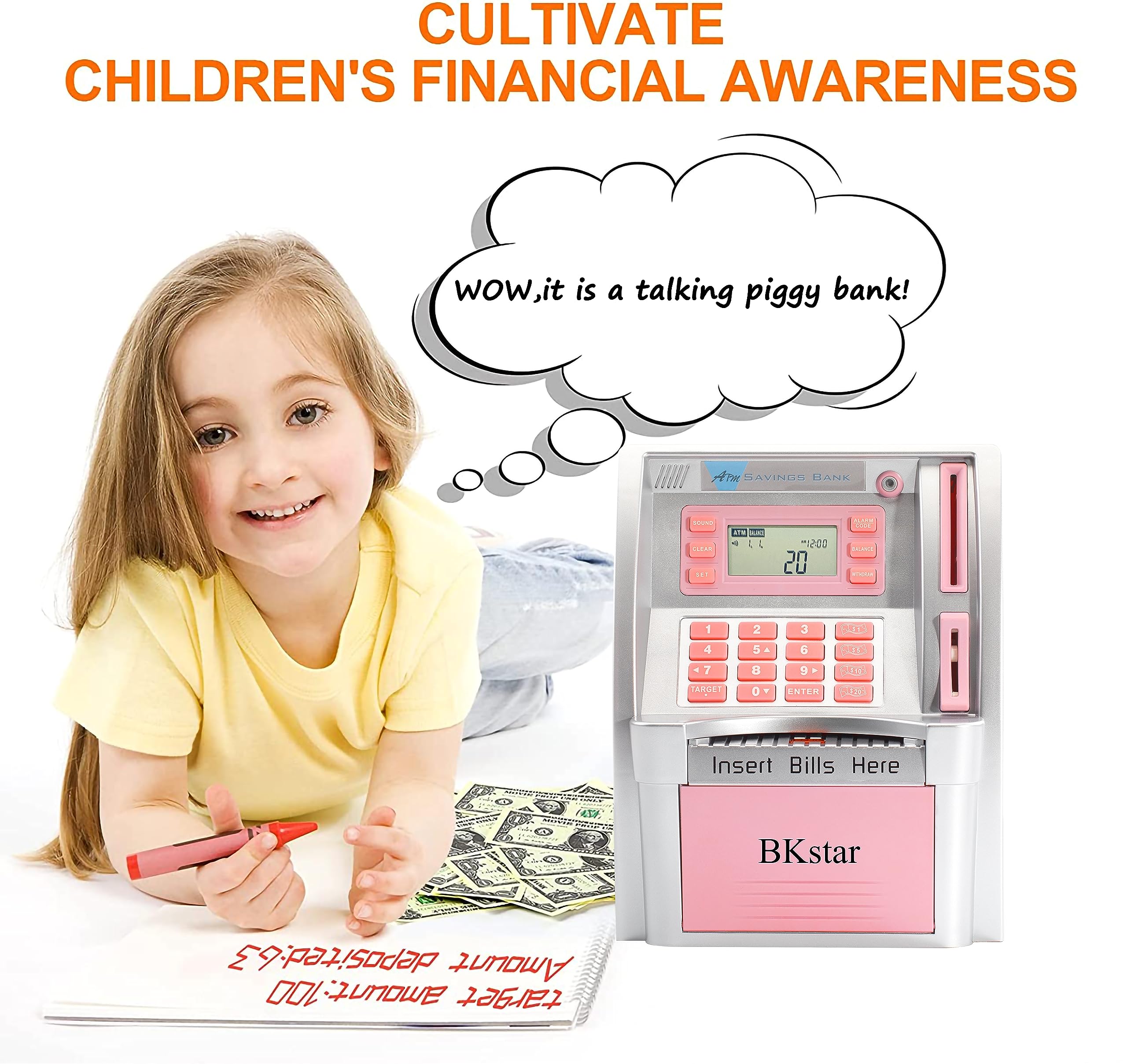 BKstar Kids Talking Pink ATM Piggy Bank debit card screen for spending prompts
