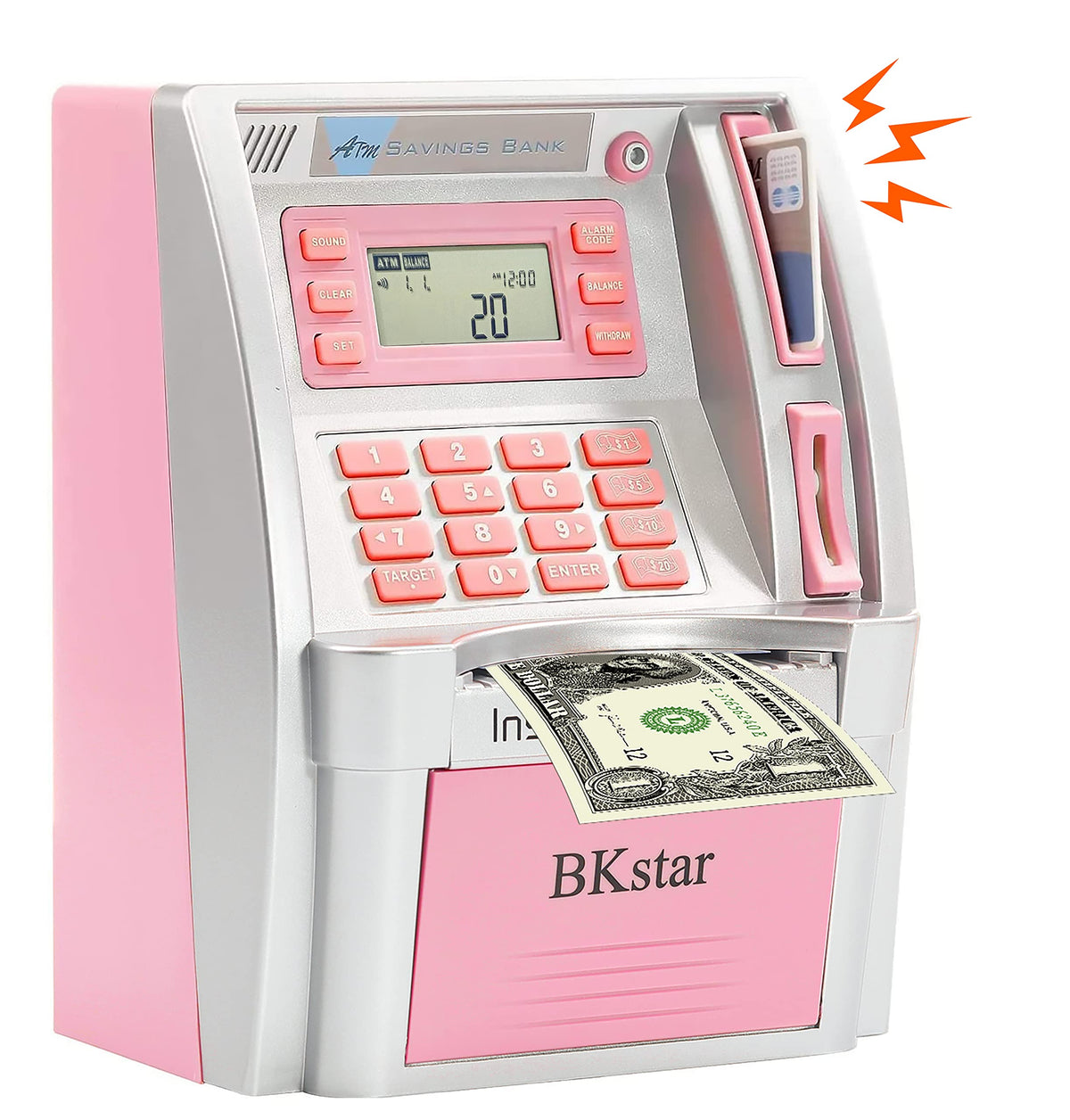 BKstar Kids Talking Pink ATM Piggy Bank front view with interactive prompts