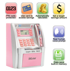 BKstar Kids Talking Pink ATM Piggy Bank open drawer shows saving access