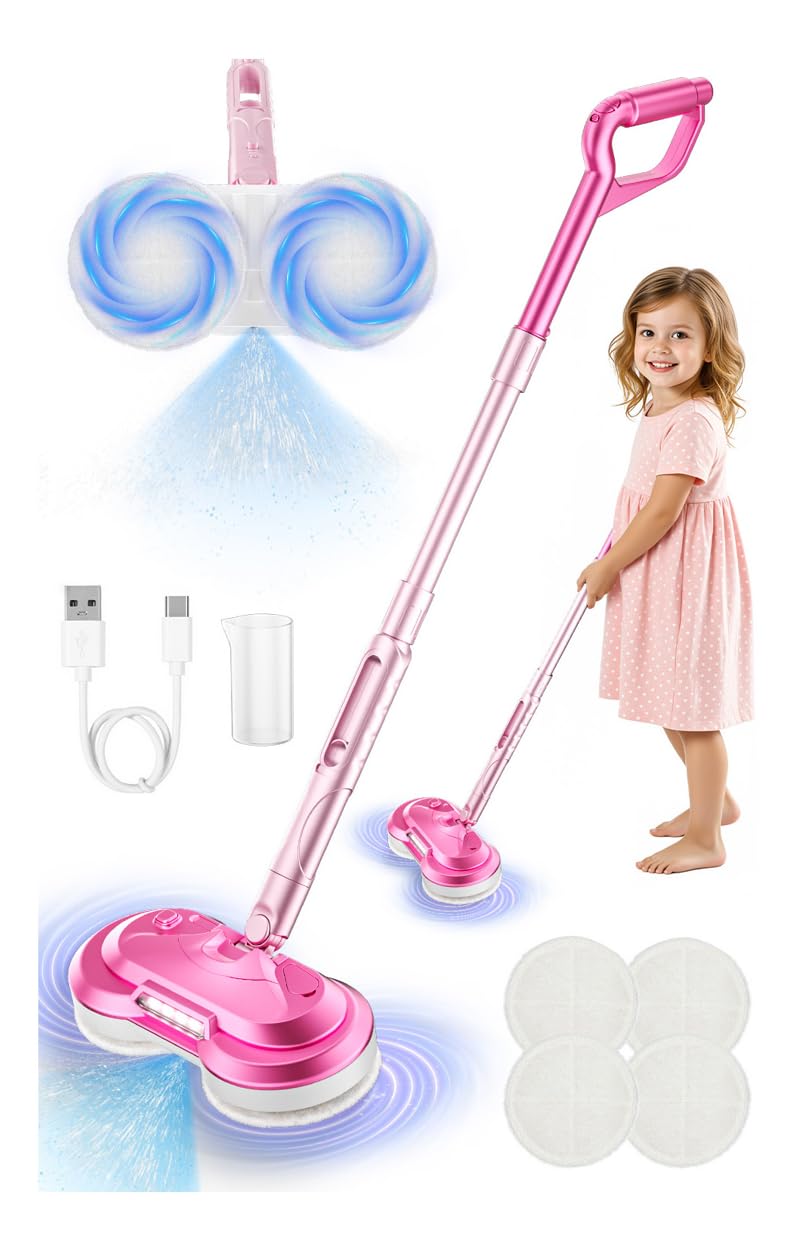 BLAXTEM kids electric spray spin mop toy pink front view for immersive pretend play