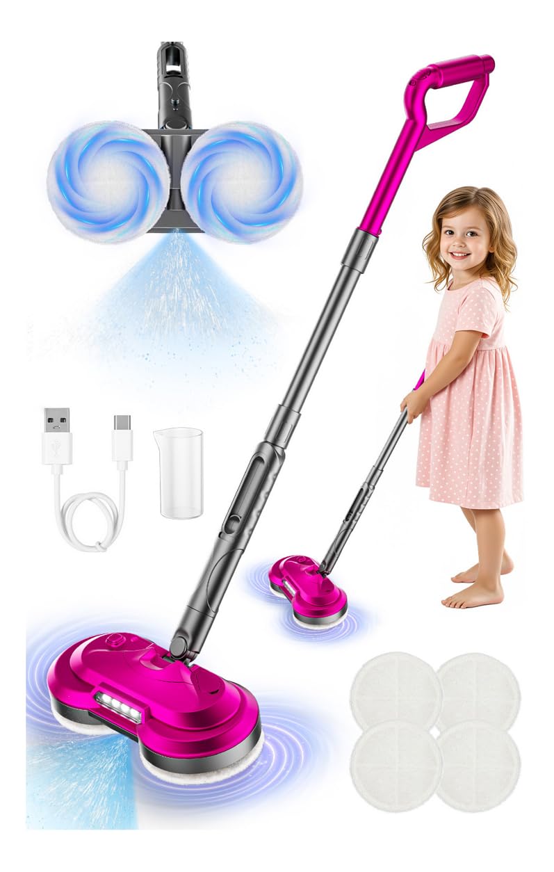 BLAXTEM kids electric spray spin mop ready for pretend play with realistic spinning action.