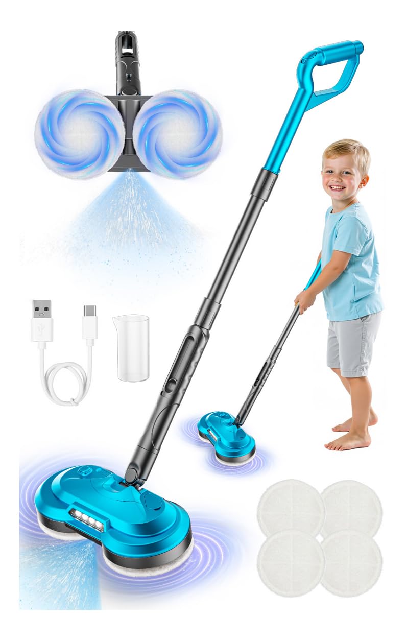 BLAXTEM kids toy electric spray spin mop with LED headlights for immersive pretend cleaning.