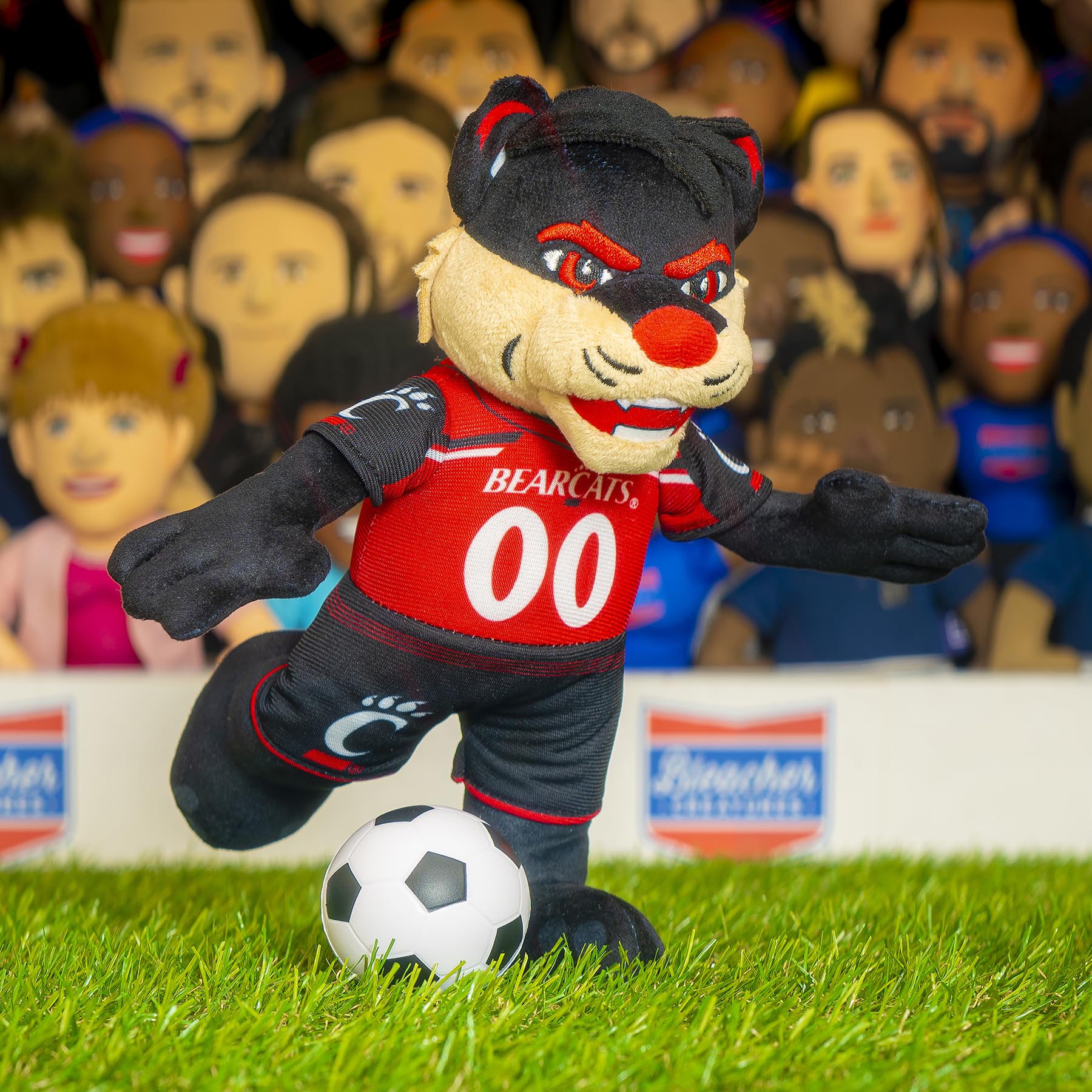 Bleacher Creatures Bearcat plush stays vibrant with surface-cleaning after play.