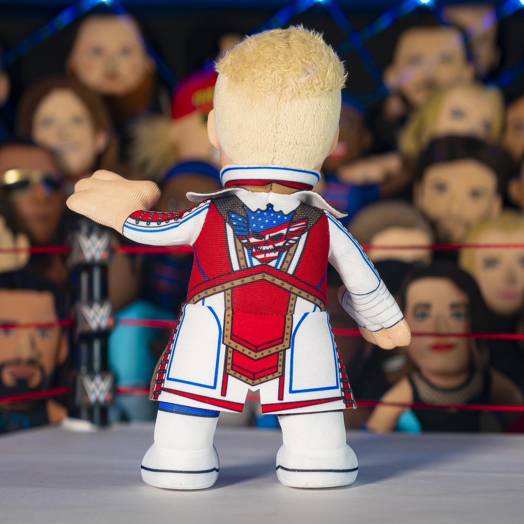Bleacher Creatures Cody Rhodes 10-inch plush with durable stitching, ready for play.