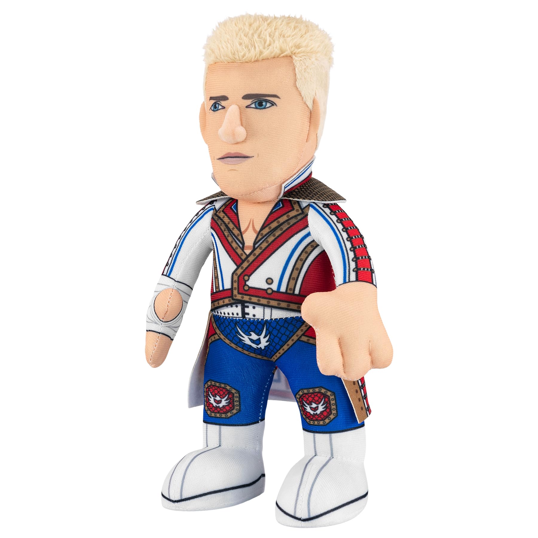 Bleacher Creatures Cody Rhodes 10-inch plush with WWE archives print, authentic look.