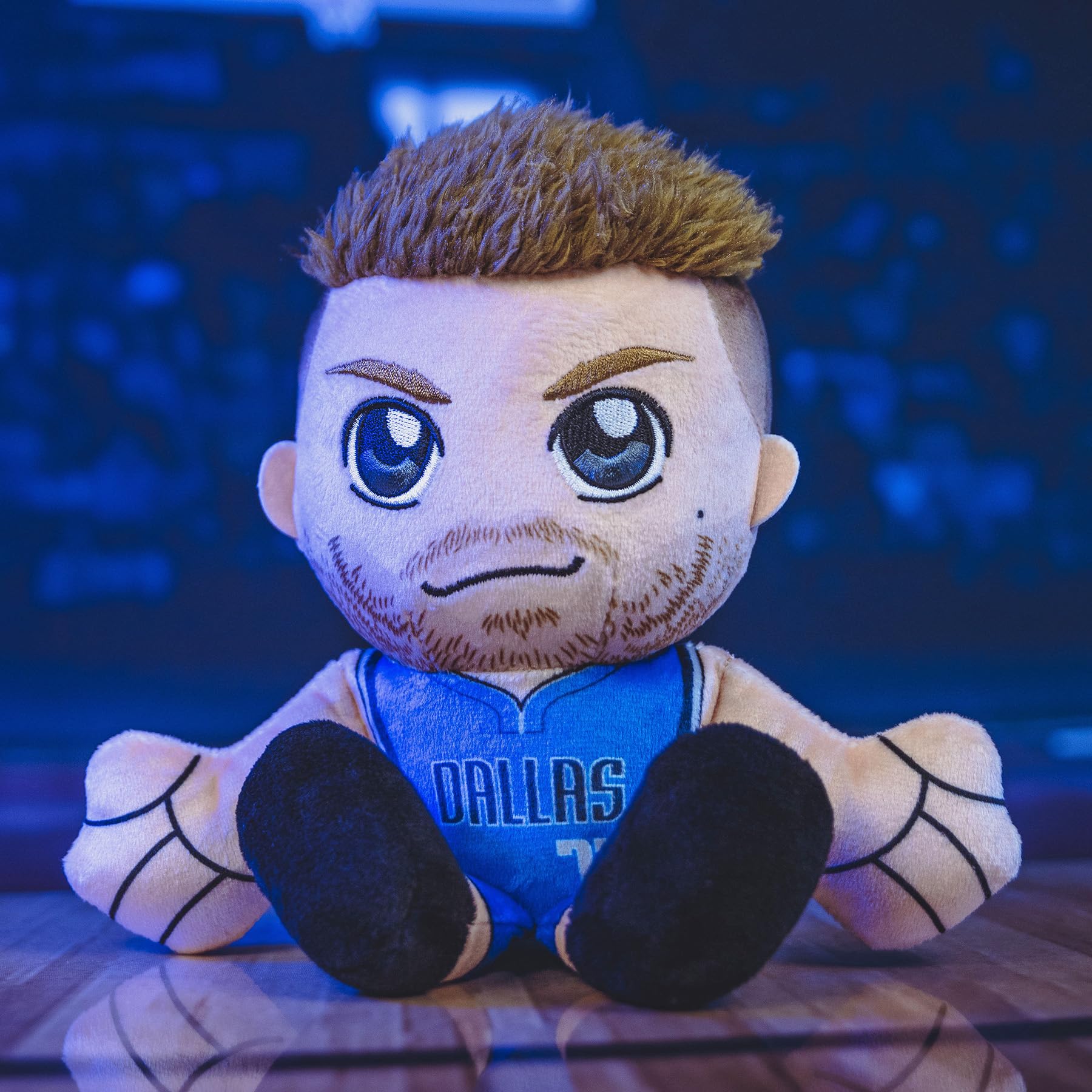 Bleacher Creatures Luka Doncic 8-inch plush, chibi-inspired design for desk decor.