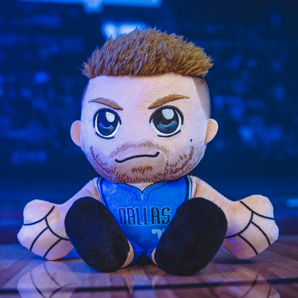 Bleacher Creatures Luka Doncic 8-inch plush, chibi-inspired design for desk decor.