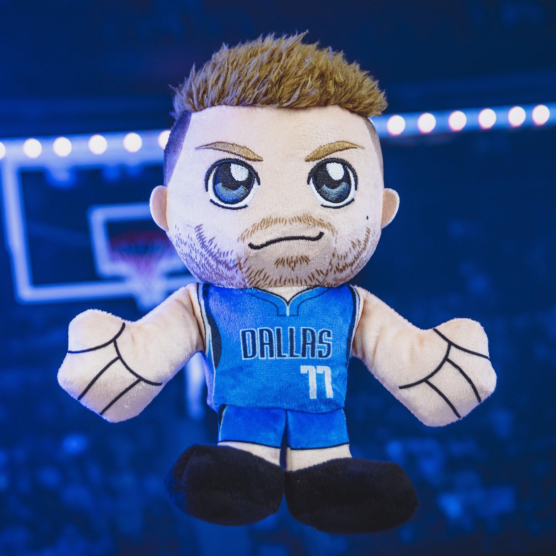 Bleacher Creatures Luka Doncic 8-inch plush side view, bean bag bottom keeps upright.