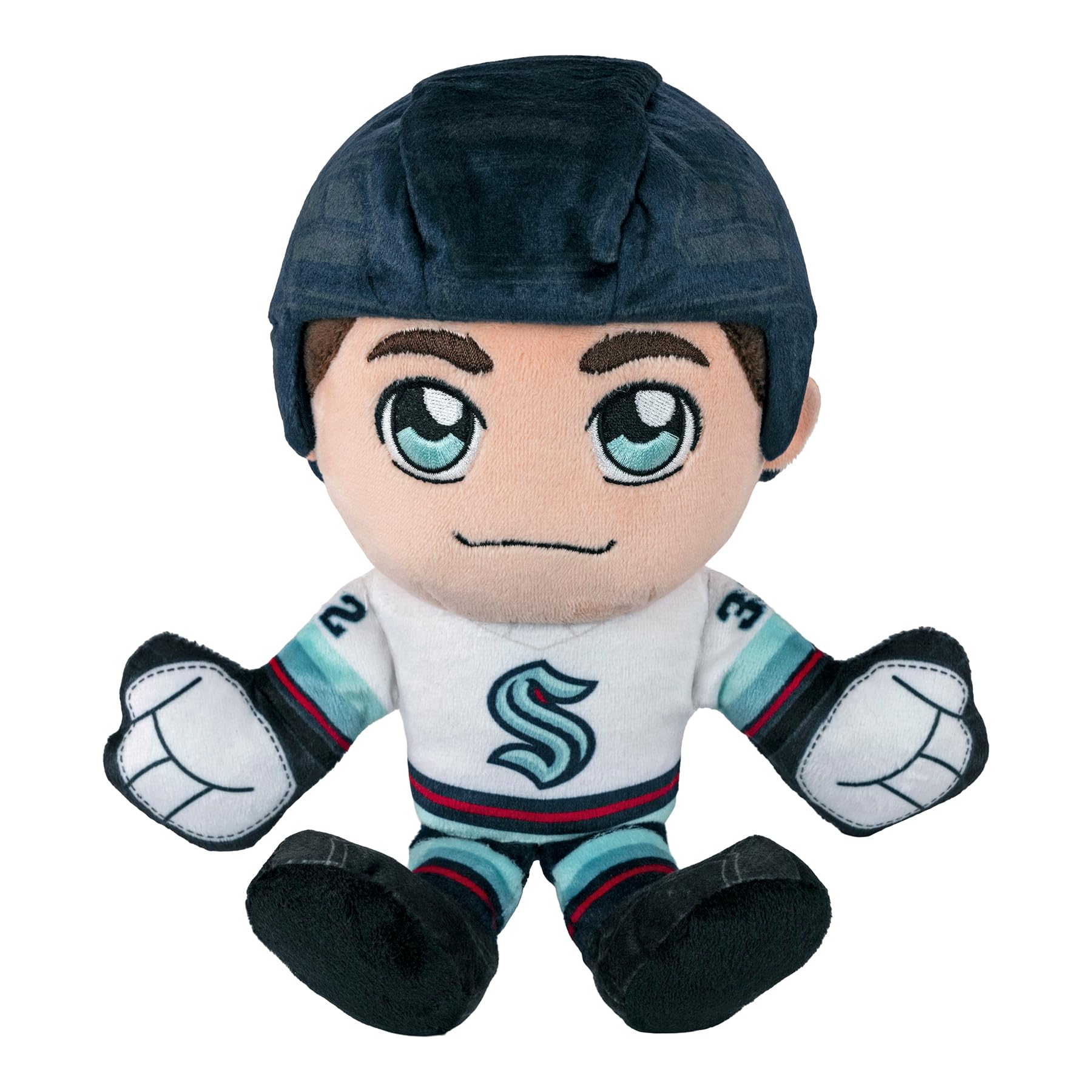 Bleacher Creatures Seattle Kraken 8-Inch Kuricha plush sitting securely on desk with bean bag bottom.