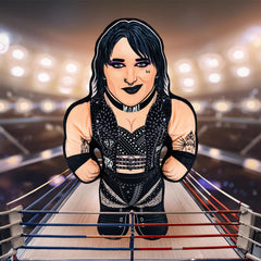 Bleacher Creatures WWE Rhea Ripley plush, standing display on a shelf.