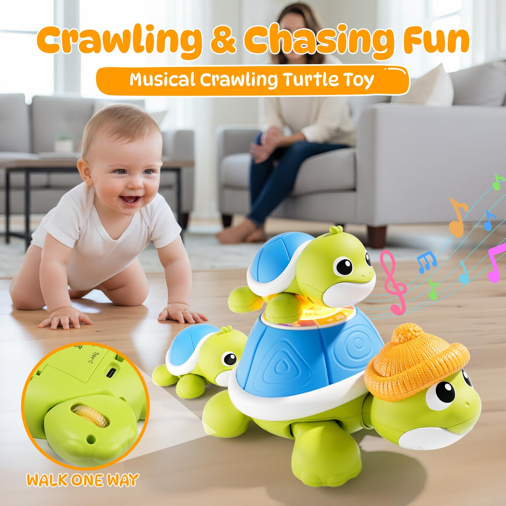 BLF FUN musical turtle baby-2 front emphasizes cooperative crawling and chasing for active learning.