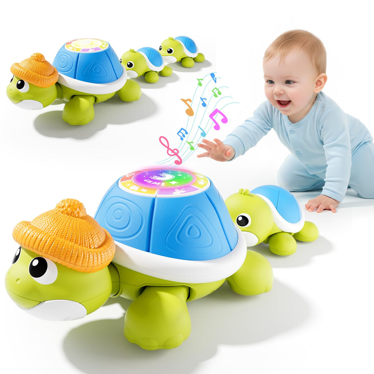 BLF FUN musical turtle mama back view showcasing a safe, engaging toy for tummy time.