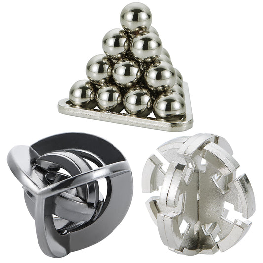 Bling Musae Brain Teaser Puzzles kit displaying three interlocking pieces and smooth silver finish.