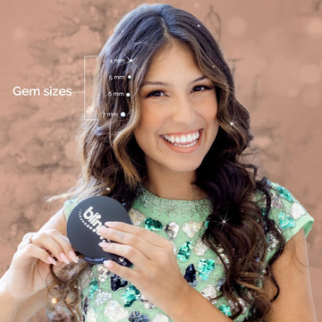 Light rose crystals illuminate a festive party-ready look with shine.