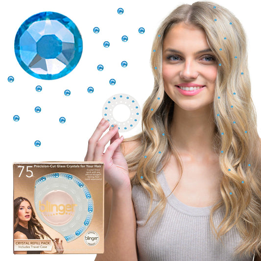 blinger shimmer crystal refill with light sapphire crystals for hair sparkle