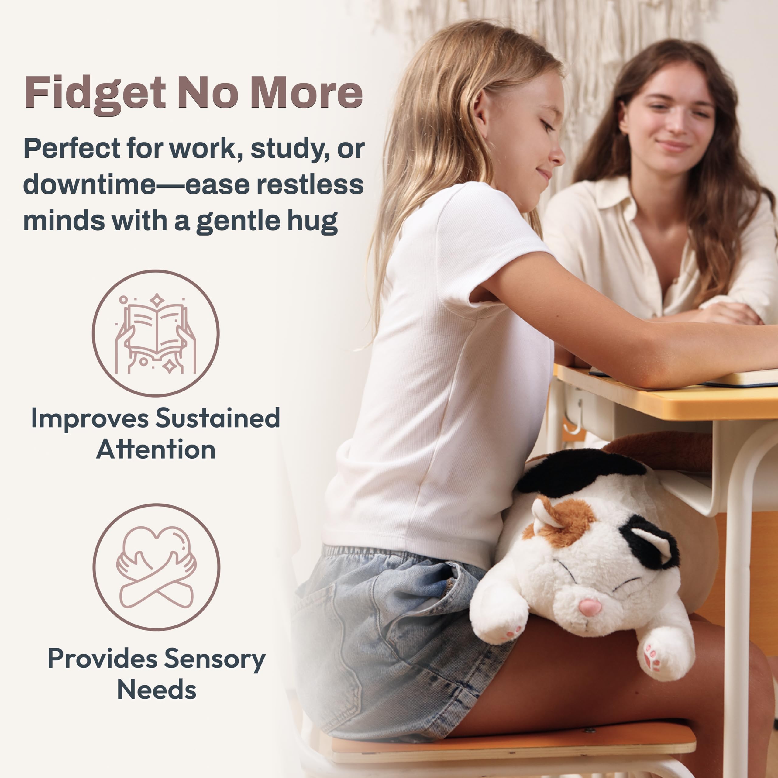 Durable, reinforced stitching on Bliss World Calico Cat weighted plush.