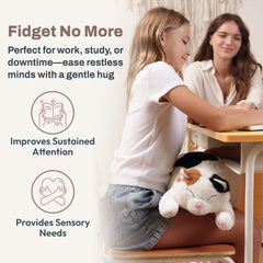 Durable, reinforced stitching on Bliss World Calico Cat weighted plush.