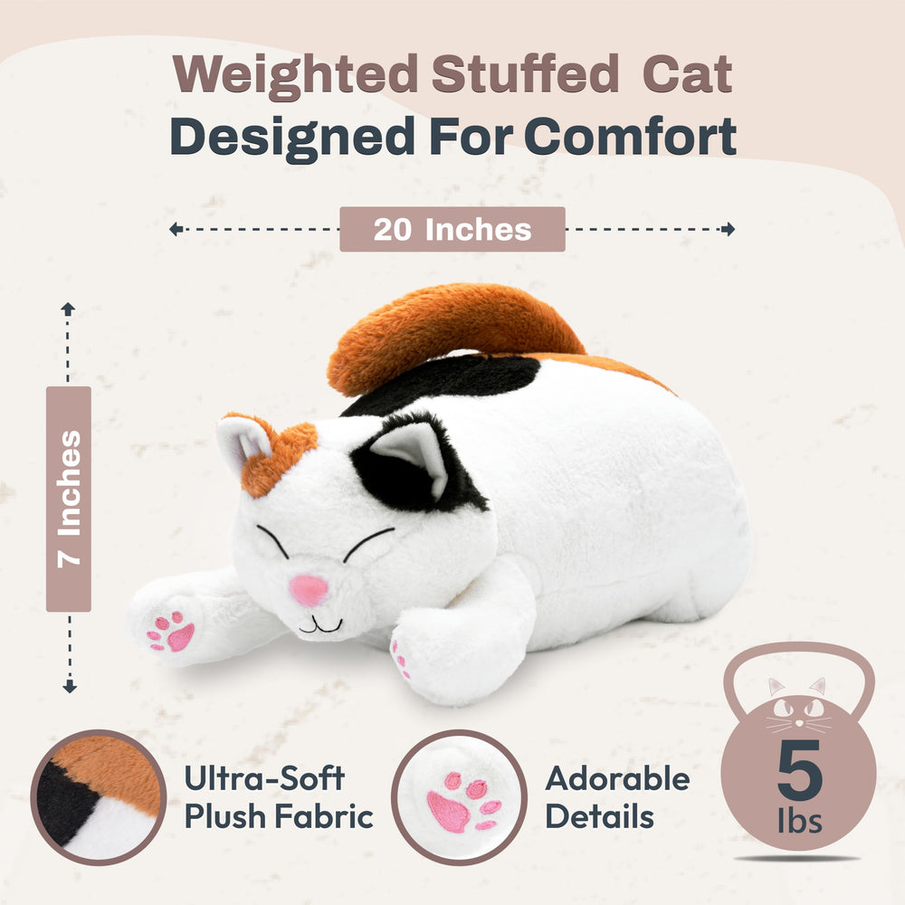 Bliss World Calico Cat plush with microwave-ready weight bag for warmth.