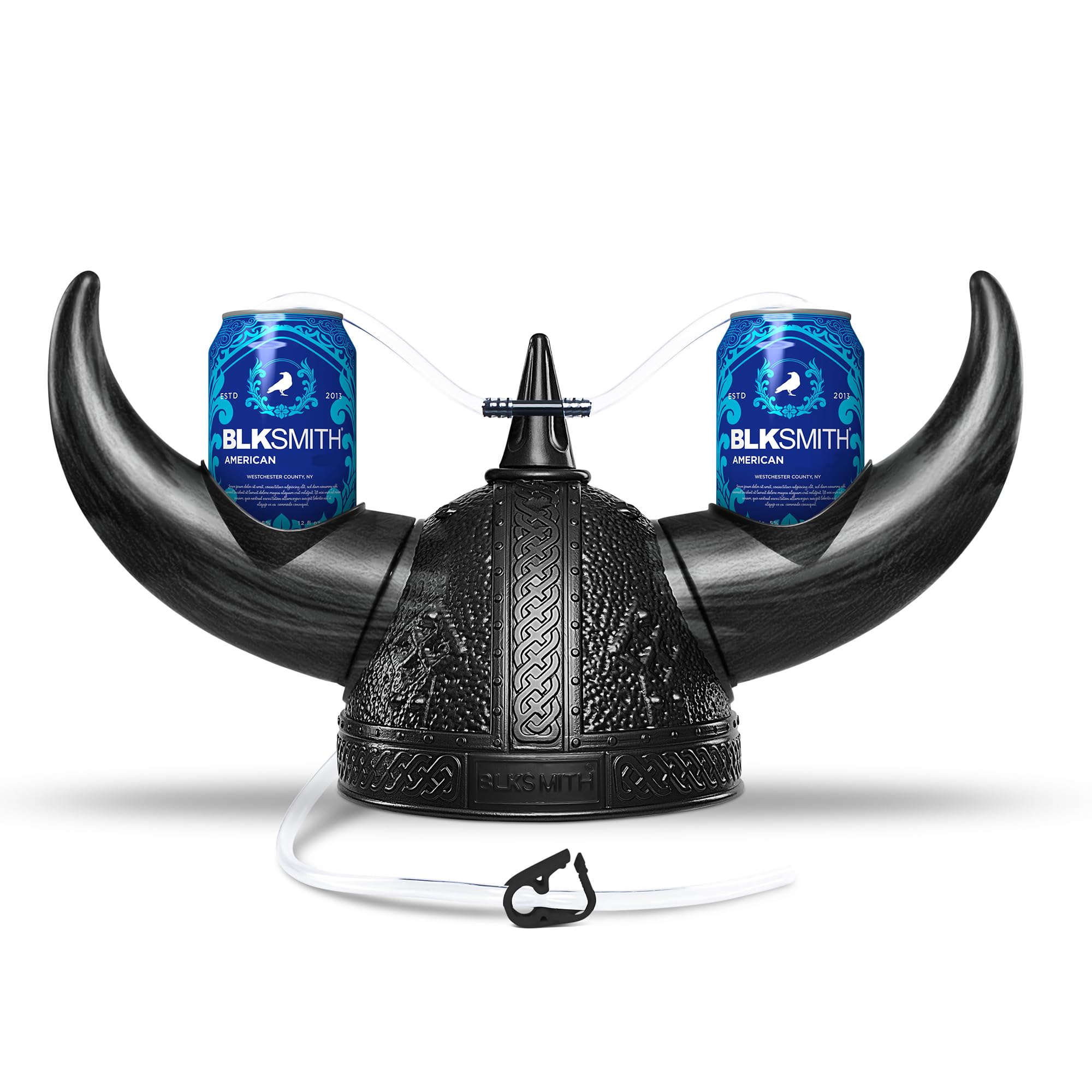 BLKSMITH Viking drinking helmet holding two cans for hands-free sipping.