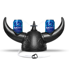 BLKSMITH Viking drinking helmet holding two cans for hands-free sipping.