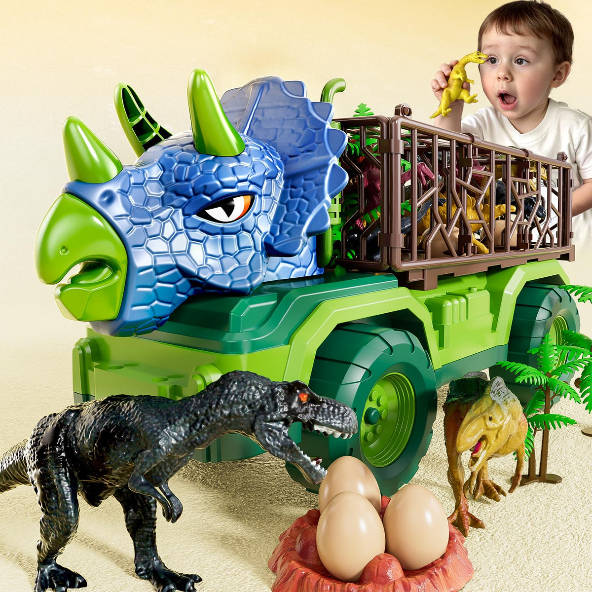 BLmukce dinosaur transport truck front view with roaring T-Rex design for imaginative play.