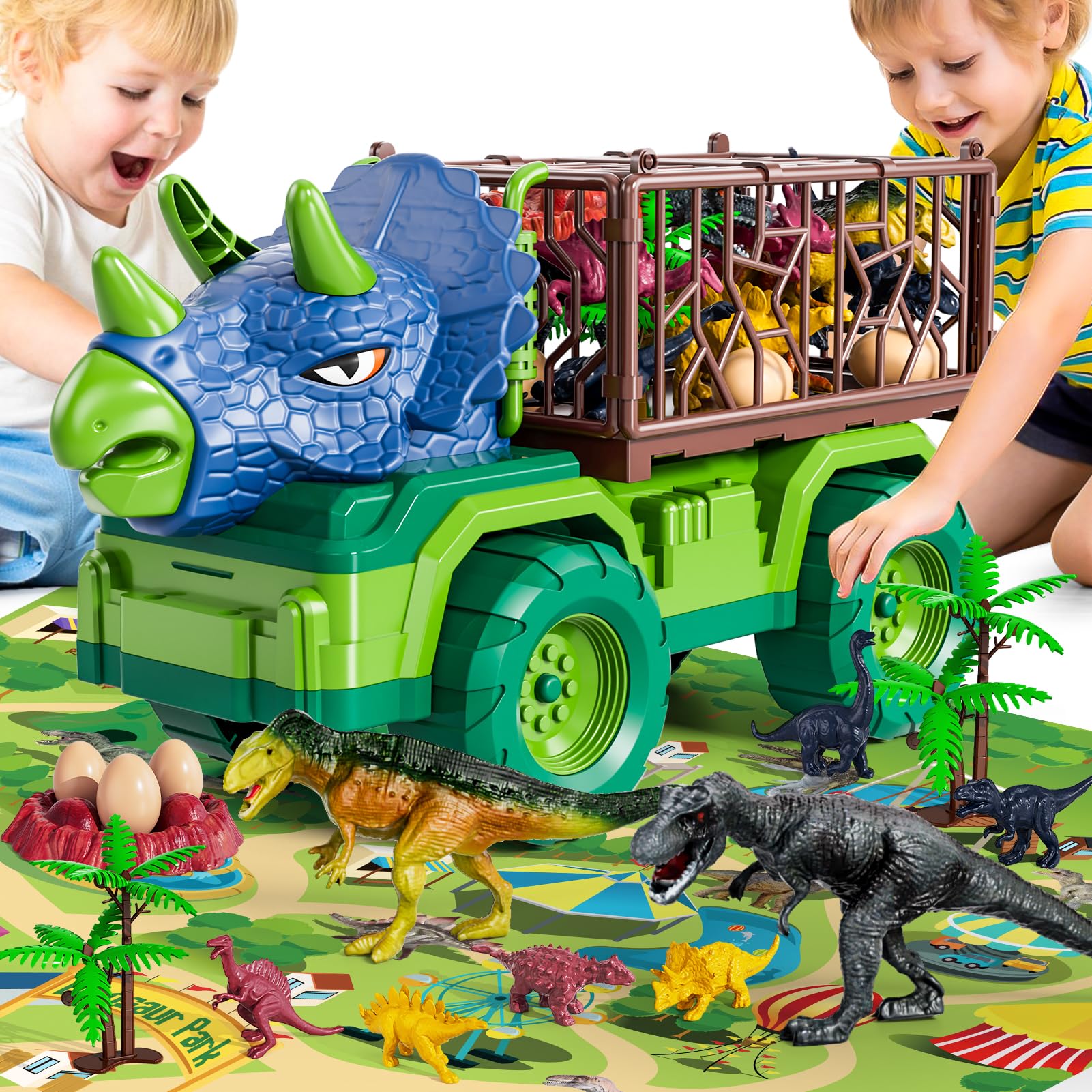 BLmukce dinosaur truck side view showing large cages for dinos and action.