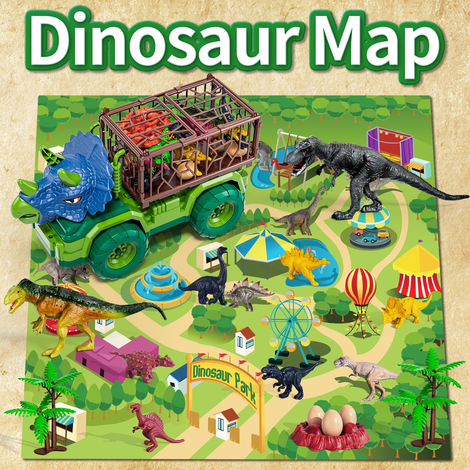BLmukce 31.5 by 21.6 inch play mat with dinosaur park scene for collaborative play.