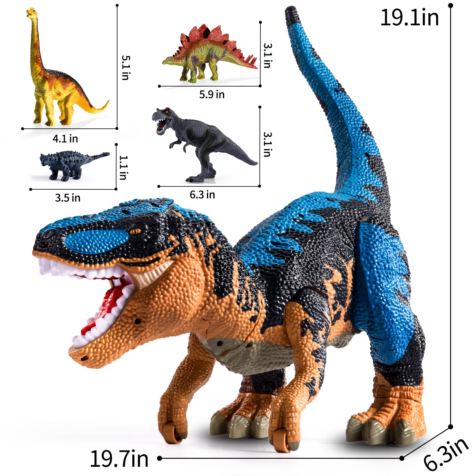 BLmukce T-Rex roars and music buttons enhance interactive storytelling.