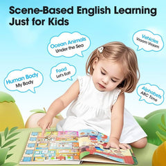 BLOCKv English Sound Book inside pages showcase colorful words for phonics practice on the go