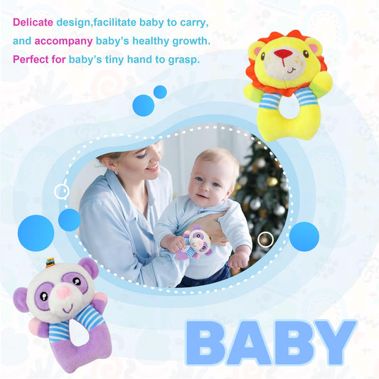 BLOOBLOOMAX soft plush animal rattle enhances grip and exploration.
