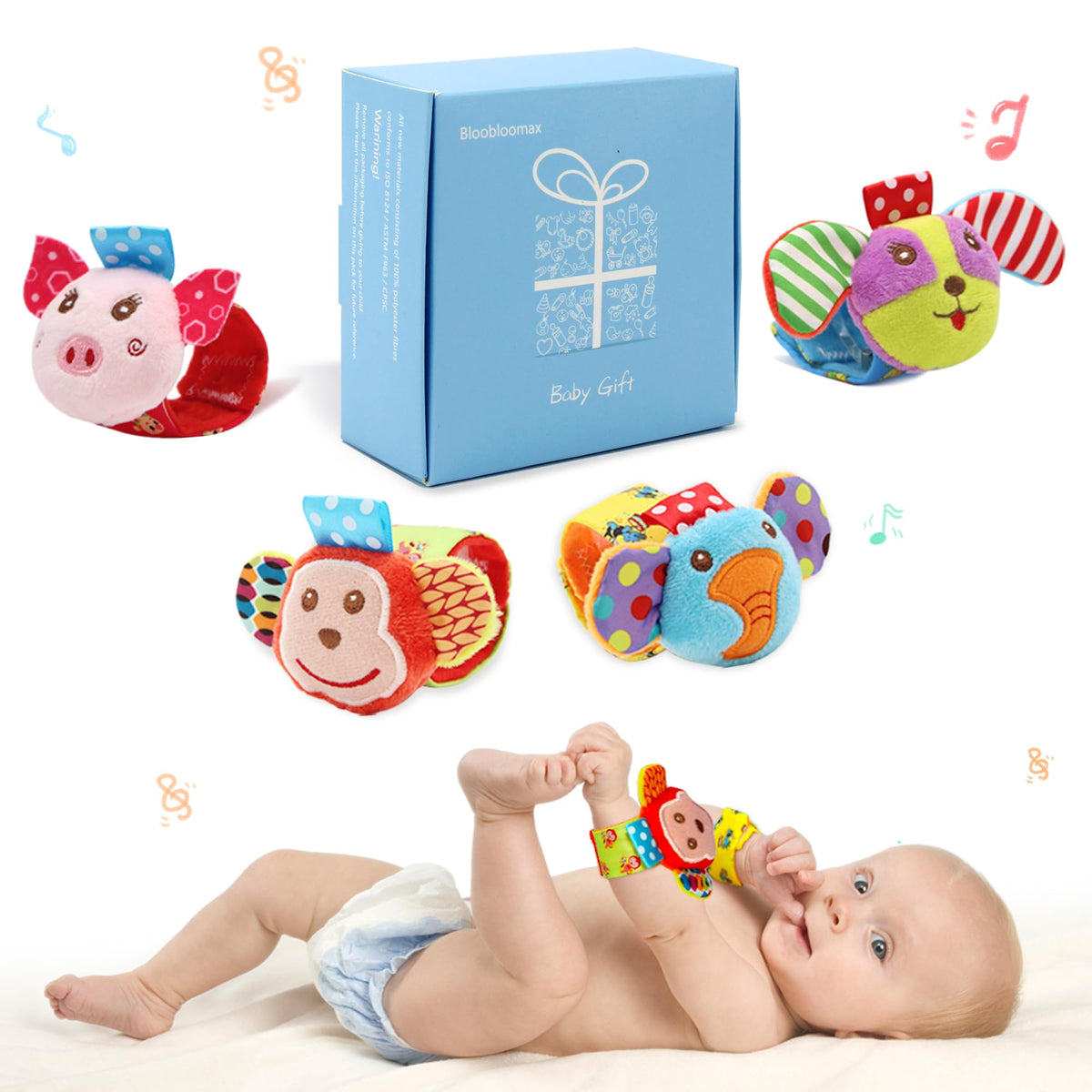 BLOOBLOOMAX wrist rattle fox promotes visual tracking and tactile exploration for babies.