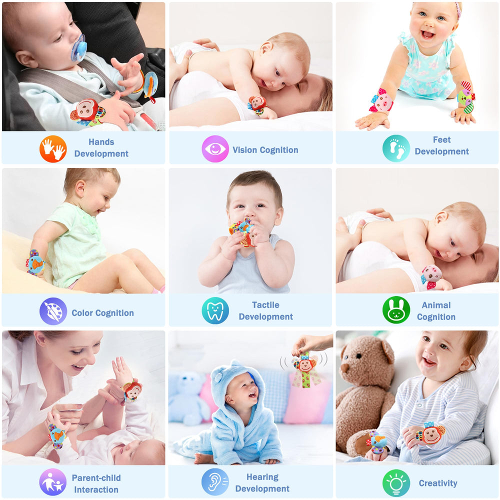 BLOOBLOOMAX wrist rattle monkey bright design encourages reach-and-grab skills.