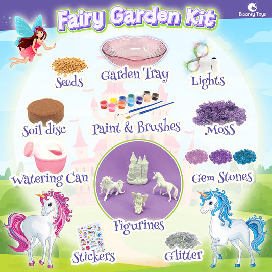BLOONSY Unicorn Fairy Garden Kit LED rainbow light in action.