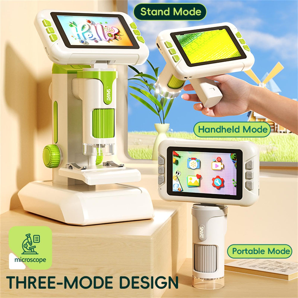 Blorkbuy Kids Microscope 3-in-1 design supports lab stand, handheld, and portable use