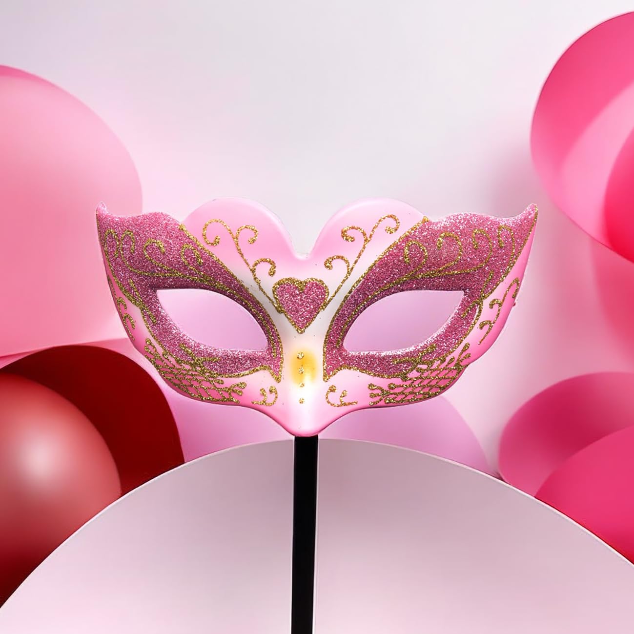 Blue Garlic Pink Masquerade Mask wearer's closeup, enhances party vibe with glossy finish