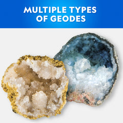 Blue Marble National Geographic Break Open 15 Geodes kit in use with goggles and a learning guide.