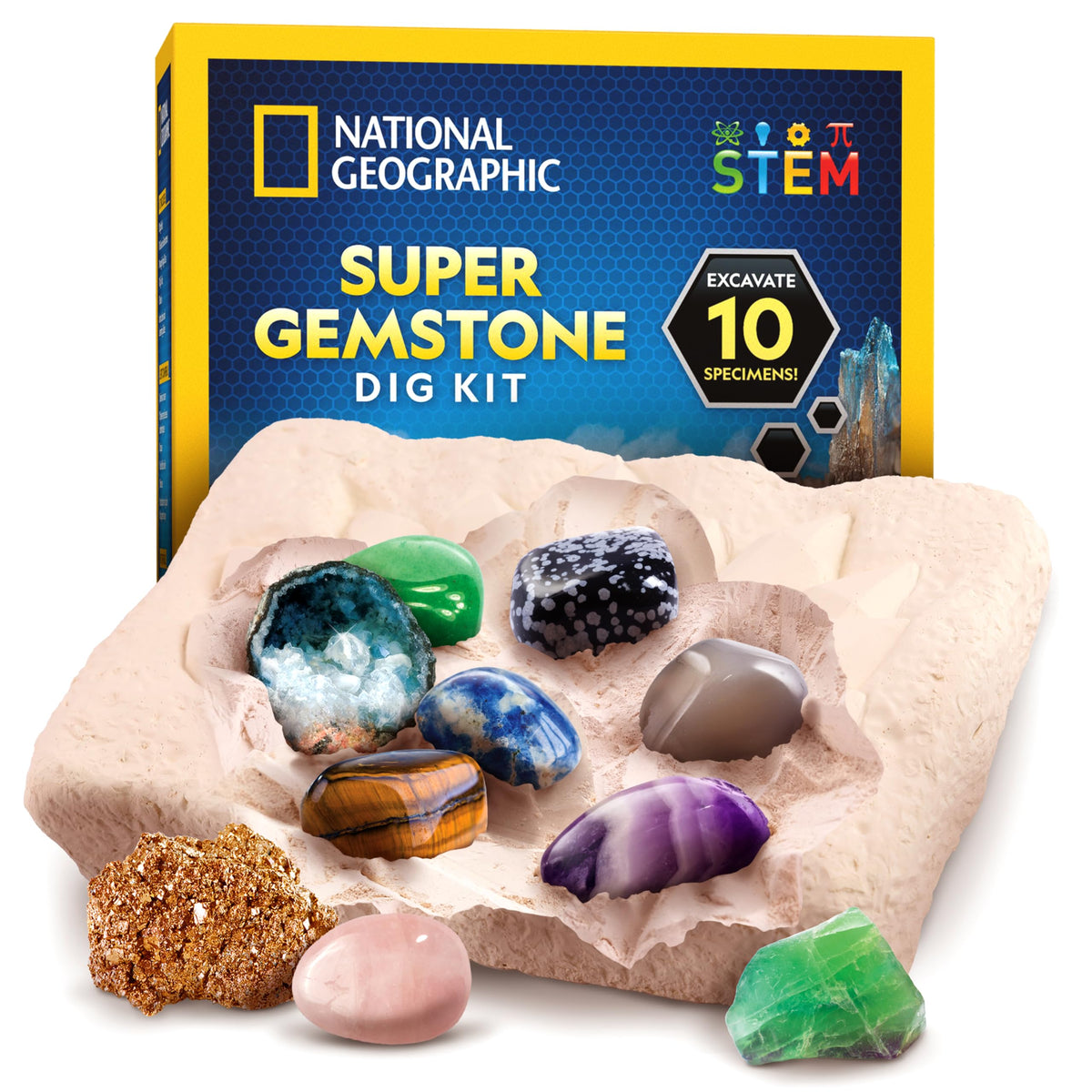 Blue Marble Gemstone Dig Kit excavating real gems with kid-friendly tools.