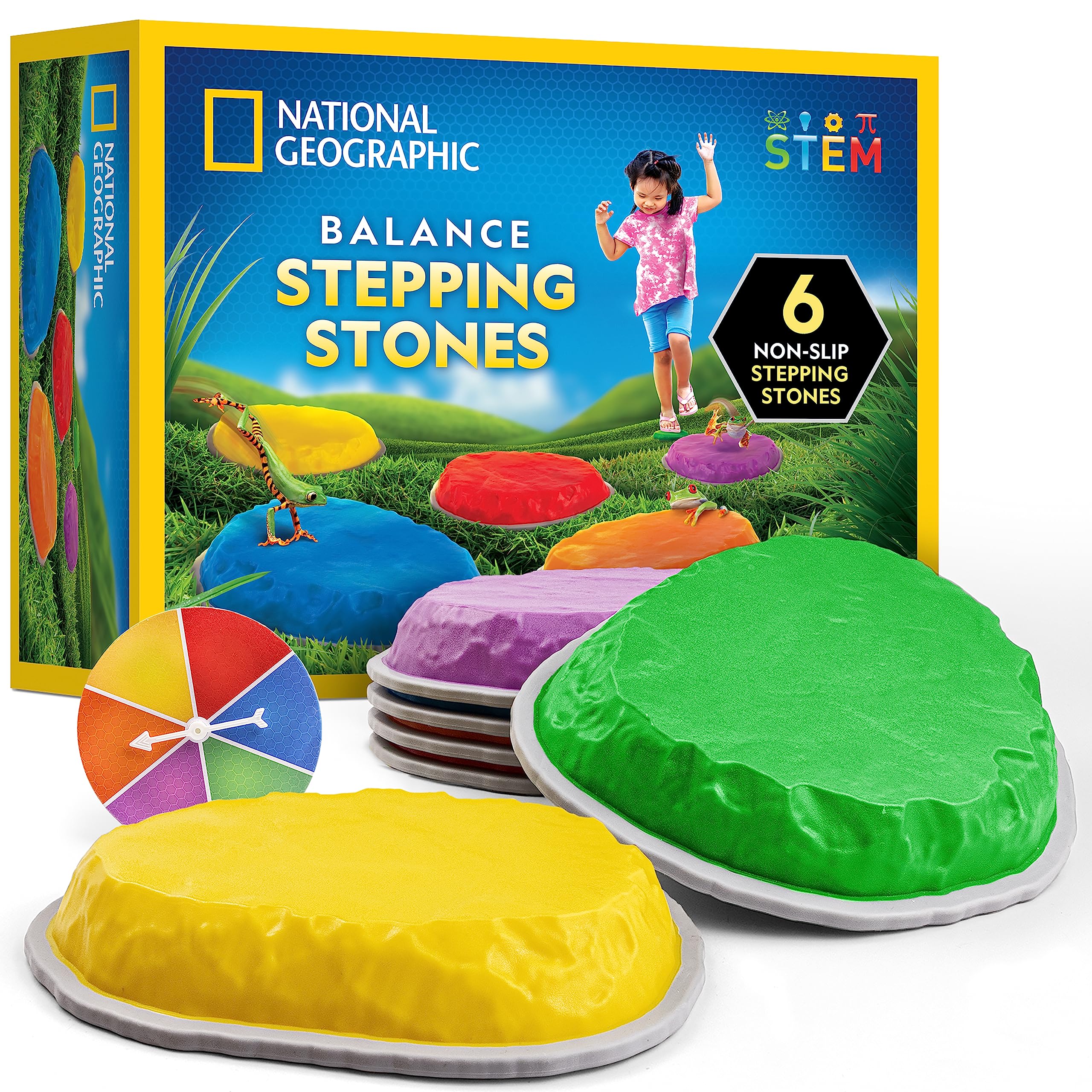 Blue Marble NATIONAL GEOGRAPHIC stepping stones with six bright, non-slip bases for toddler balance.