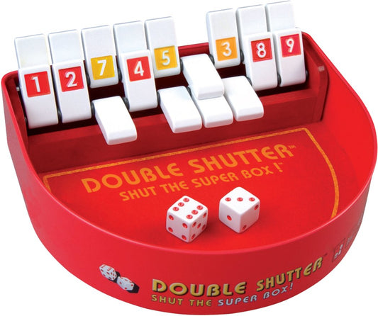Blue Orange Double Shutter dice game in tin, perfect for quick solo or group play.