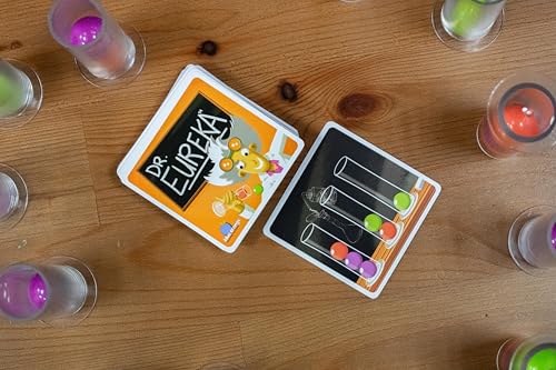 Blue Orange Dr. Eureka challenge cards guide fast-paced puzzle attempts.
