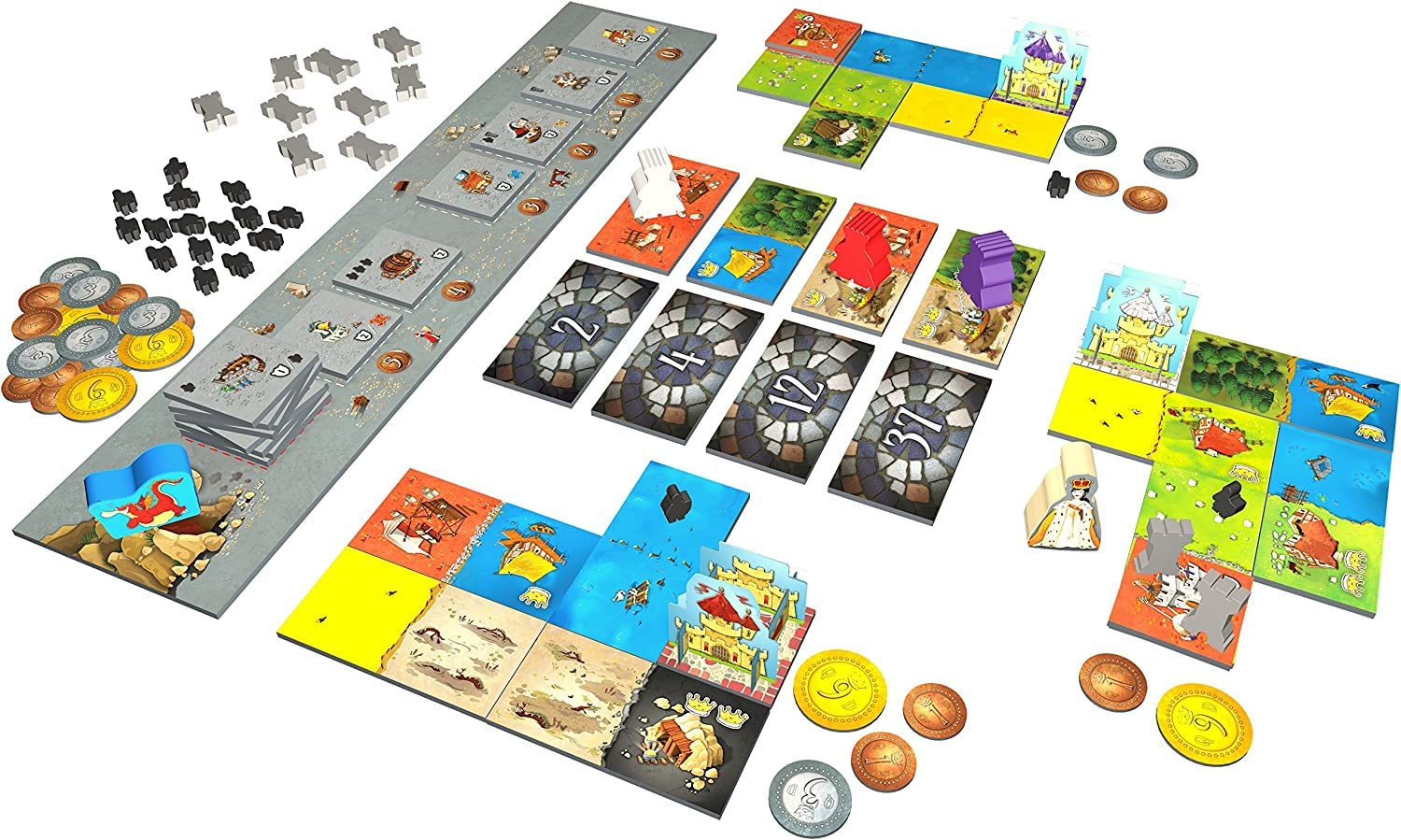Blue Orange Queendomino knights and coins ready to build kingdoms
