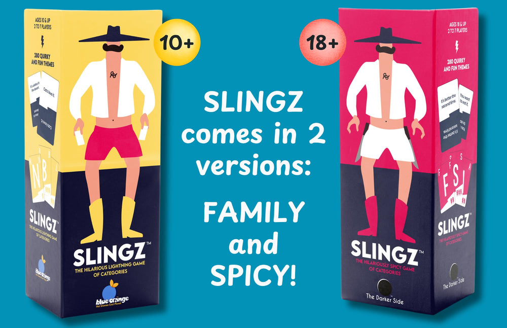 Blue Orange Slingz game night table scene with friends.