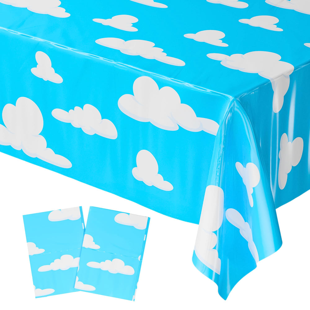 Blue Orchards Cloud Sky tablecover 2-pack over a table showing the sky and clouds design for vibrant party tables