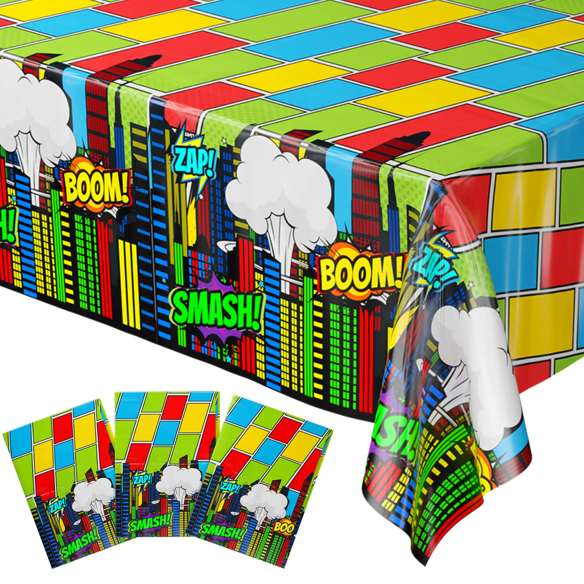 Blue Orchards comic superhero table cover with bold graphics, ideal as a party backdrop.